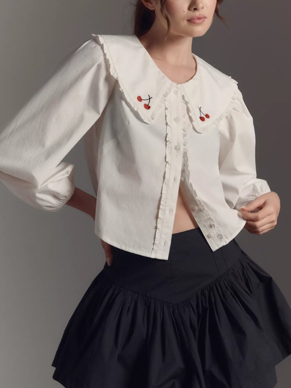 Anthropologie Maeve Long-Sleeve Sailor Collared Ruffle-Front Blouse White M